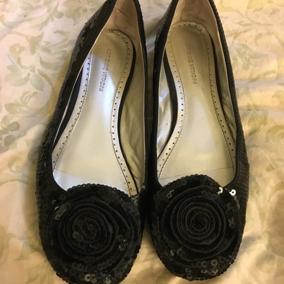 Adrienne Vittadini black sequin flats w/ rosette - Picture 1 of 4
